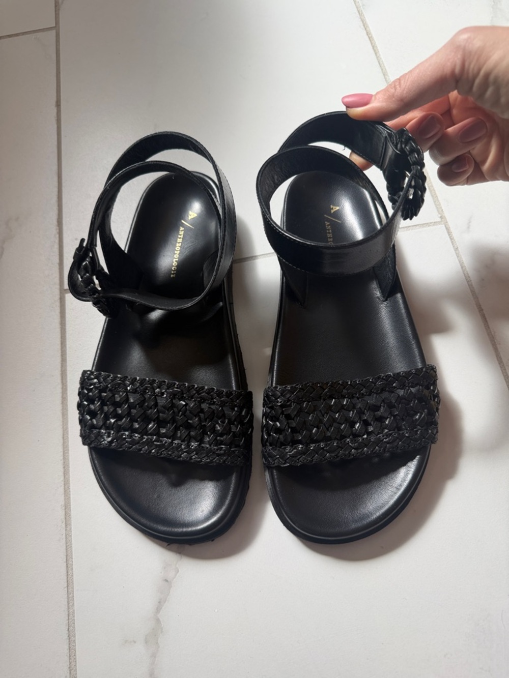 Anthropologie Black Woven Ankle-Strap Sandals